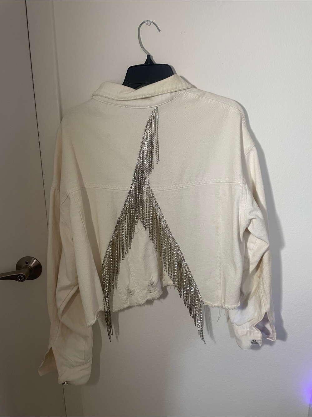 USED Cropped Cream Jean Jacket with Silver Chain Fringe (makeup stains)
